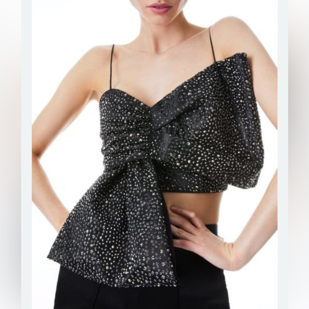 Alice + Olivia Beline Crystal Embellished Bow Crop Top